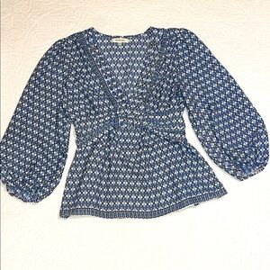 Blue Printed V-Neck Puff Sleeve Women's Top